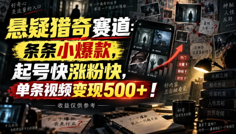 悬疑猎奇赛道：条条小爆款，起号快涨粉快，单条视频变现500+！收益仅供参考-706资源网