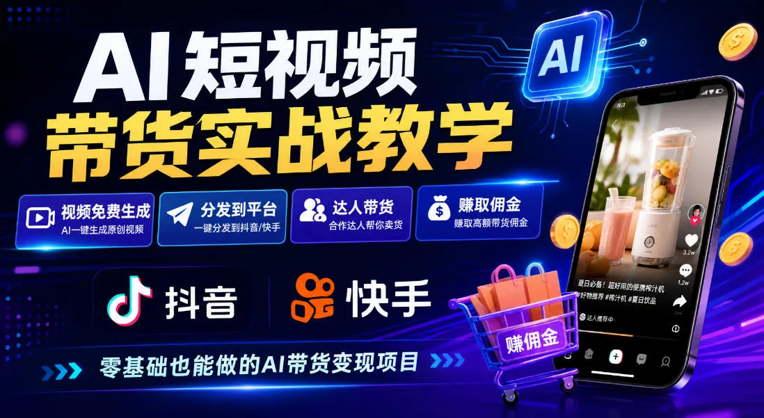AI短视频带货实战教学,视频免费生成,分发到抖音快手平台,达人带货賺佣金