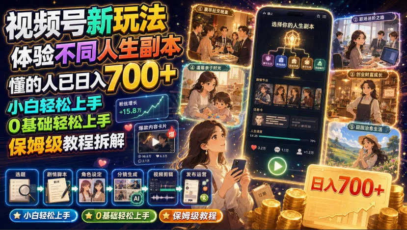 视频号新玩法体验不同人生副本，懂的人已日入700+，小白轻松上手，0基础轻松上手，保姆级教程拆解-706资源网