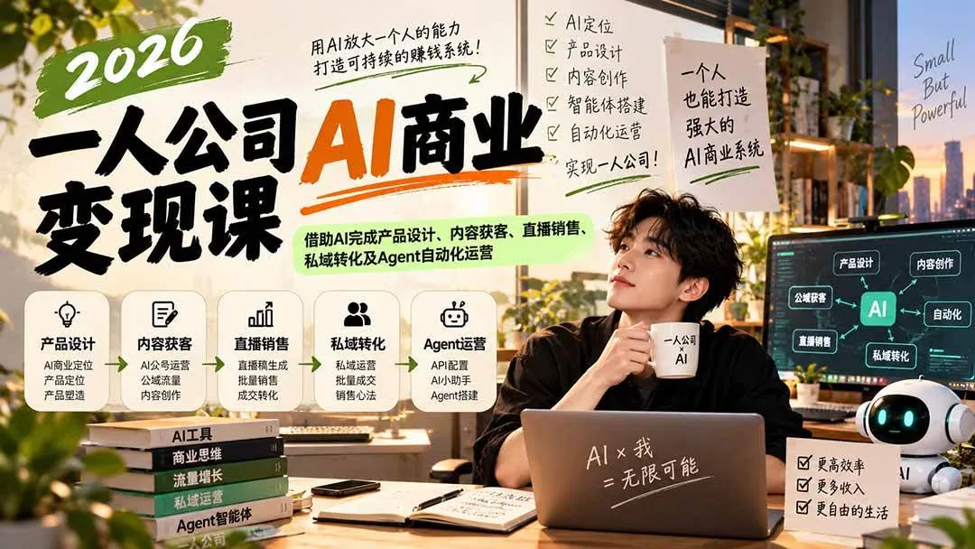 (20901期)2026一人公司AI商业变现课:借助AI完成产品设计、内容获客、直播销售、私域转化及Agent自动化运营-706资源网