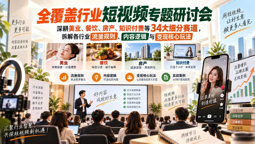 短视频专题研讨会,深耕美业、餐饮、房产、知识付费等34大细分赛道,拆解各行业流量规则、内容逻辑与变现核心玩法-706资源网