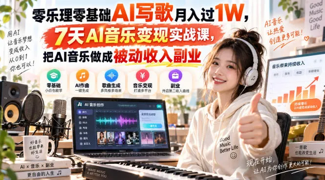零乐理零基础AI写歌月入过1W,7天AI音乐变现实战课,把AI音乐做成被动收入副业-706资源网