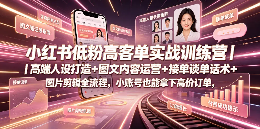 小红书低粉高客单实战训练营｜高端人设打造+图文内容运营+接单谈单话术+图片剪辑全流程，小账号也能拿下高价订单-706资源网