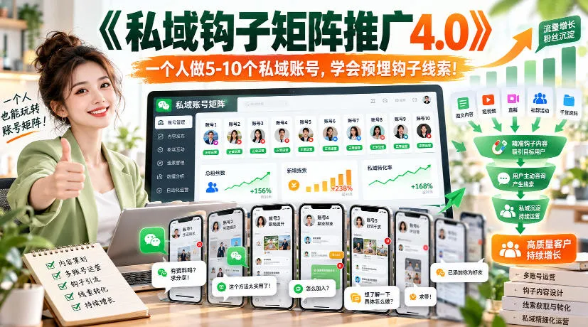 【无水印】《私域钩子矩阵推广4.0》一个人做5-10个私域账号,学会预埋钩子线索!