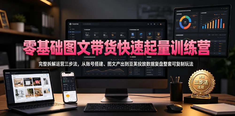 零基础图文带货快速起量训练营，完整拆解运营三步法，从账号搭建、图文产出到豆荚投放数据复盘整套可复制玩法-706资源网