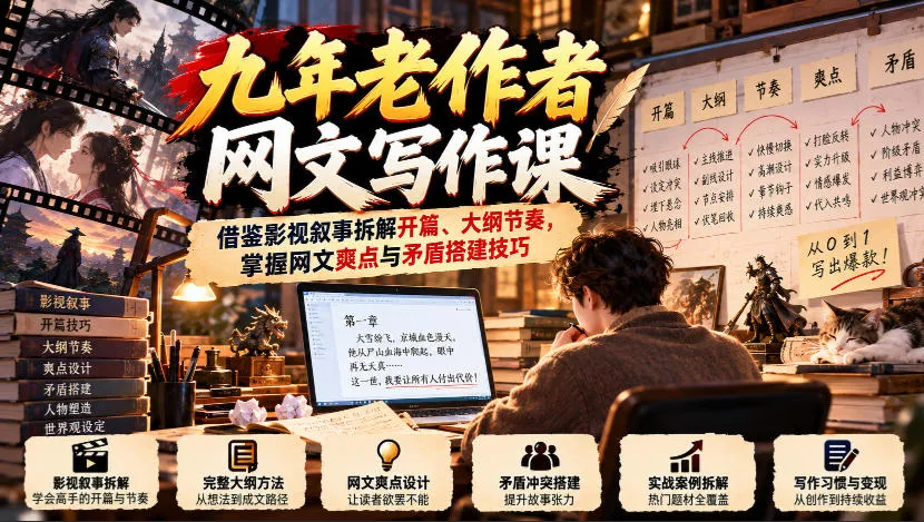 九年老作者网文写作课：借鉴影视叙事拆解开篇、大纲节奏，掌握网文爽点与矛盾搭建技巧-706资源网