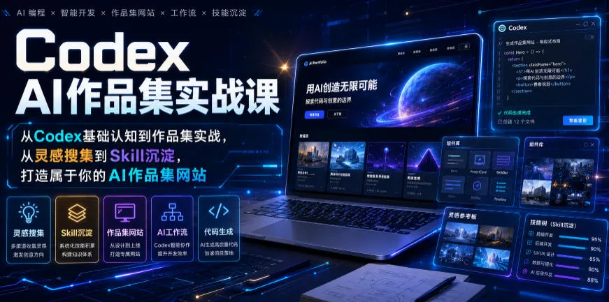 Codex AI作品集实战课，从Codex基础认知到作品集实战，从灵感搜集到Skill沉淀，打造属于你的AI作品集网站-706资源网