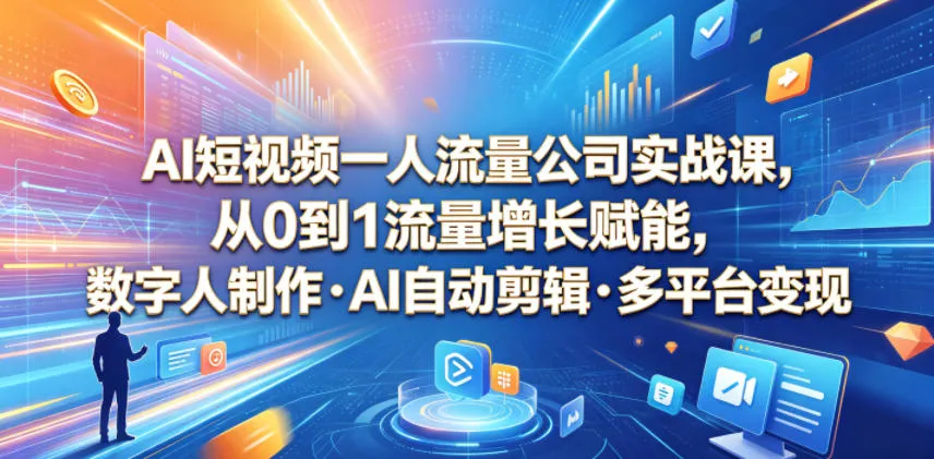 AI短视频一人流量公司实战课，从0到1流量增长赋能，数字人制作・AI自动剪辑・多平台变现，一人做流量生意全落地教程-706资源网
