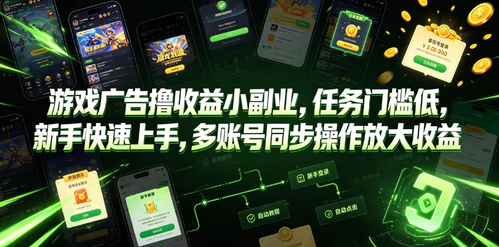 游戏广告撸收益小副业，任务门槛低，新手快速上手，多账号同步操作放大收益-706资源网