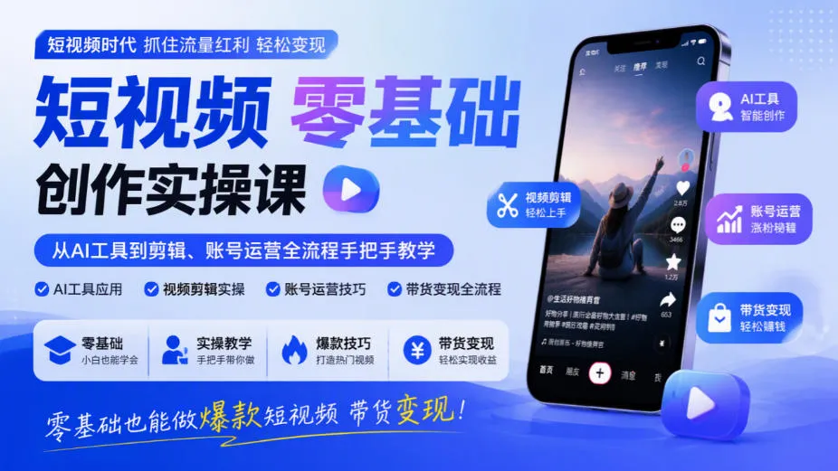 短视频零基础创作实操课,从AI工具到剪辑、账号运营全流程手把手教学,零基础也能做爆款短视频带货变现-706资源网