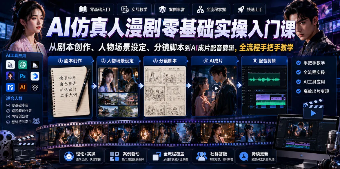 AI仿真人漫剧零基础实操入门课,从剧本创作、人物场景设定、分镜脚本到AI成片配音剪辑,全流程手把手教学-706资源网