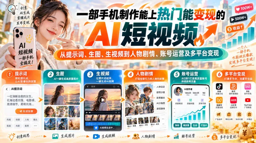 【无水印】一部手机制作能上热门能变现的AI短视频，从提示词、生图、生视频到人物剧情、账号运营及多平台变现-706资源网