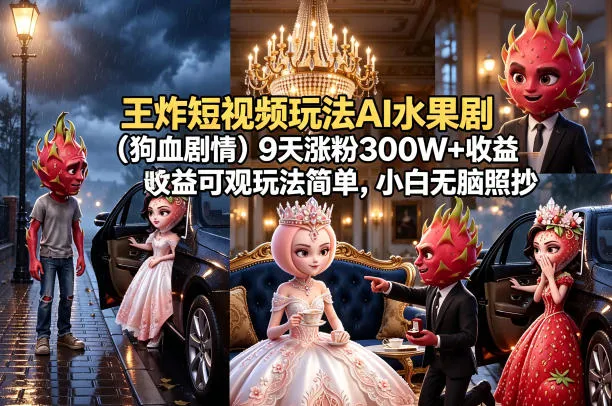 王炸短视频玩法AI水果剧(狗血剧情)9天涨粉300W+收益可观玩法简单，小白无脑照抄，详细拆解玩法-706资源网