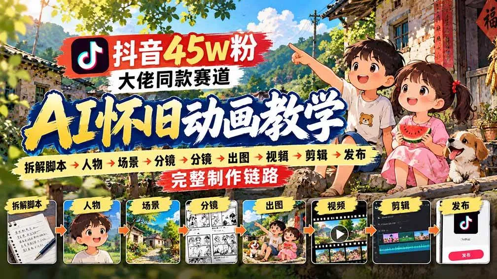 (20781期)抖音45W粉大佬同款赛道AI怀旧动画教学:拆解脚本→人物→场景→分镜→出图→视频→剪辑→发布完整制作链路-706资源网