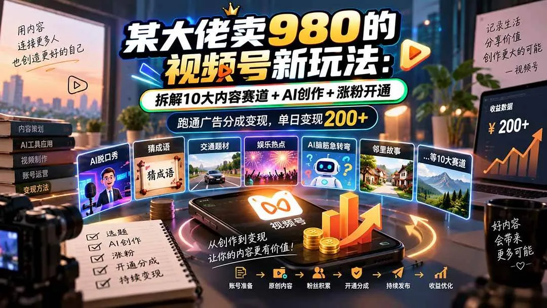 （20573期）某大佬卖980的视频号新玩法：拆解10大内容赛道+AI创作+涨粉开通，跑通广告分成变现，单日变现200+