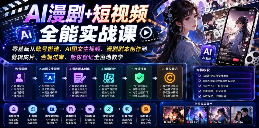 AI漫剧+短视频全能实战课｜零基础从账号搭建、AI图文生视频、漫剧剧本创作到剪辑成片、合规过审、版权登记全落地教学-706资源网