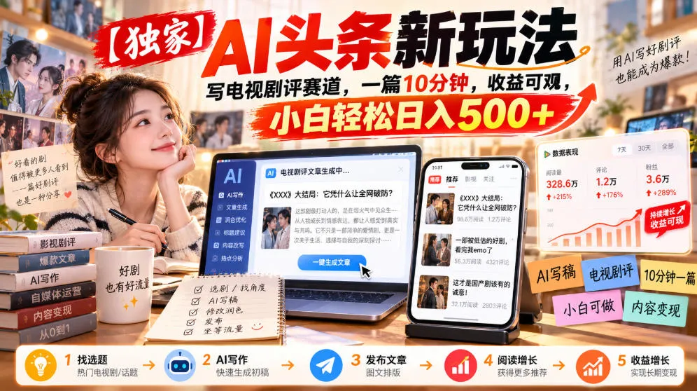 【独家】AI头条新玩法,写电视剧评赛道,一篇10分钟,收益可观,小白轻松日入500+-706资源网