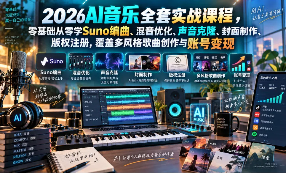 2026AI音乐实战课程,零基础从零学Suno编曲、混音优化、声音克隆、版权注册,覆盖多风格歌曲创作与账号变现(更新0924)-706资源网