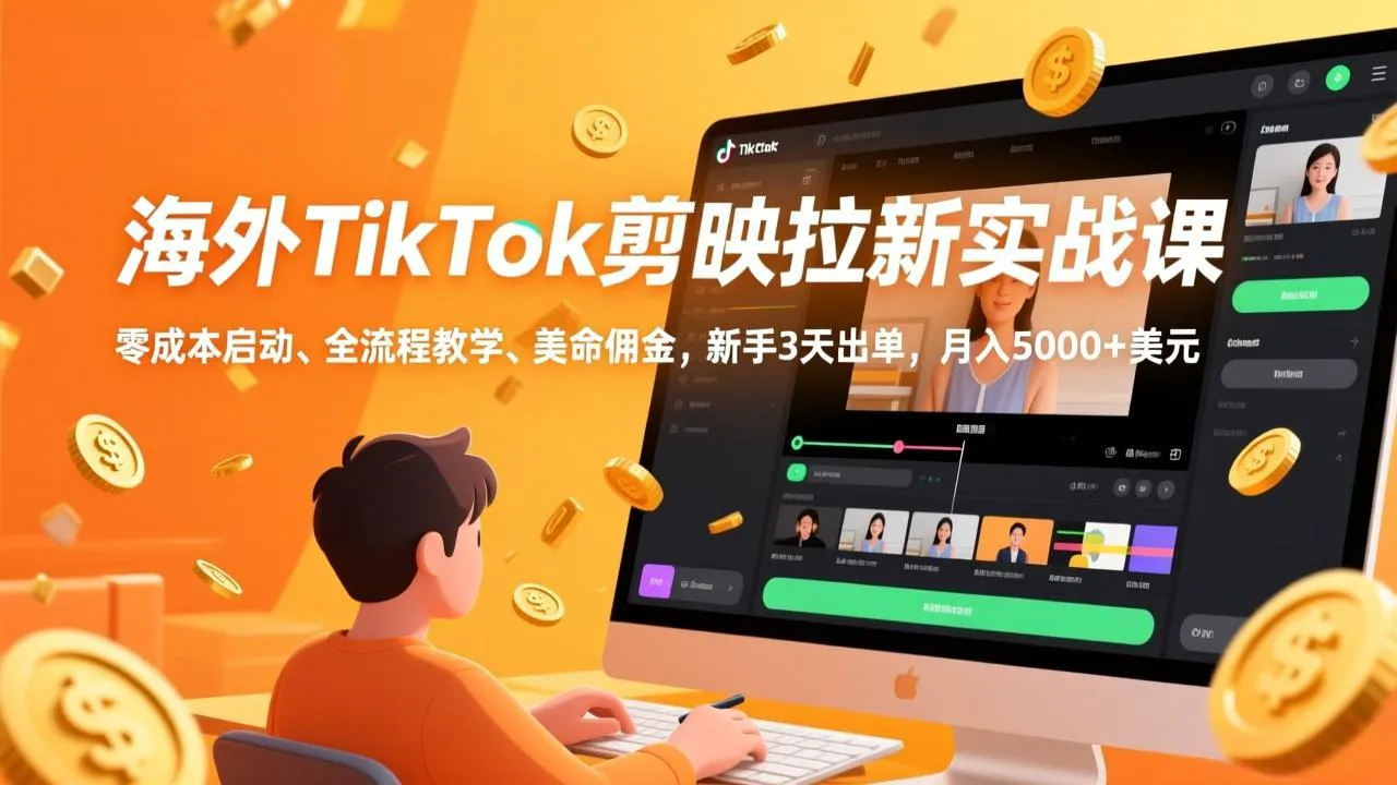 海外TikTok剪映拉新实战课，零成本启动、全流程教学、美金佣金，新手3天出单，月入5000+美元-706资源网