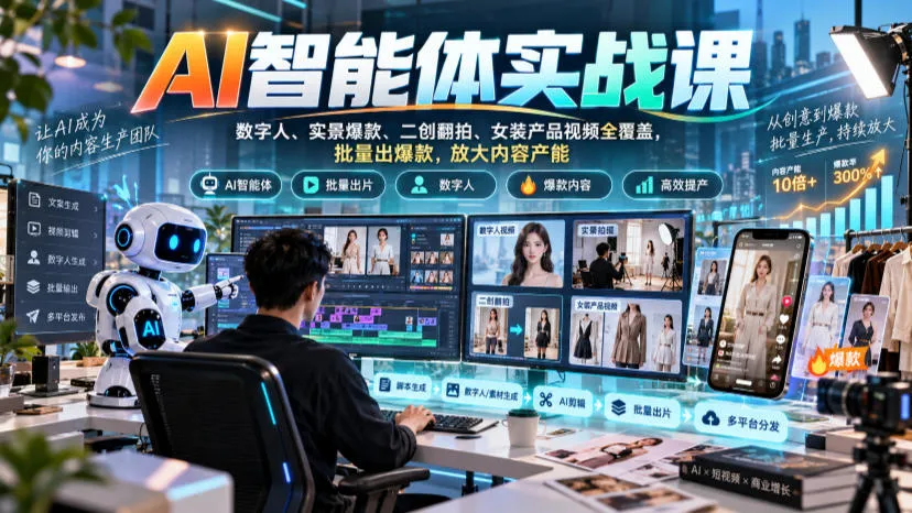 AI智能体实战课,数字人、实景爆款、二创翻拍、女装产品视频全覆盖,批量出爆款,放大内容产能-706资源网