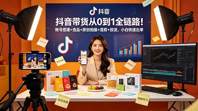 抖音带货从0到1全链路！账号搭建+选品+原创拍摄+混剪+投流，小白快速出单-706资源网