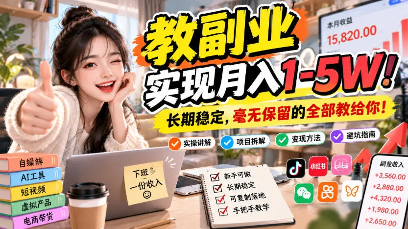 “教副业”实现月入1-5W!长期稳定,毫无保留的全部教给你!【揭秘】-706资源网