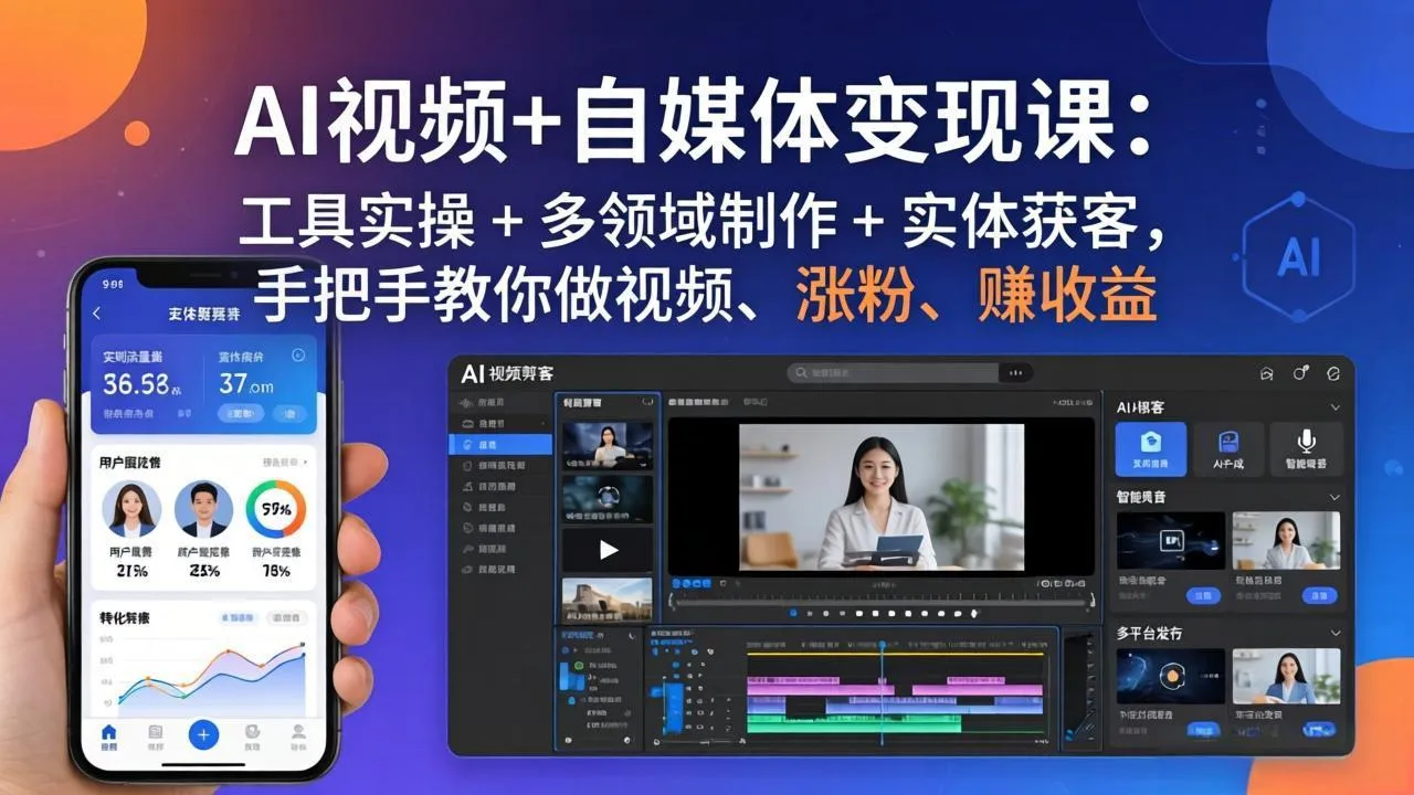 AI视频+自媒体变现课：工具实操 + 多领域制作 + 实体获客，手把手教你做视频、涨粉、赚收益-706资源网