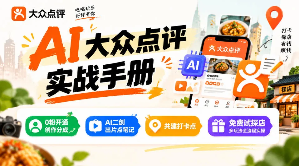 某局的AI大众点评实战手册,0粉开通创作分成、AI二创出片点笔记、共建打卡点、免费试探店多玩法全流程实操-706资源网