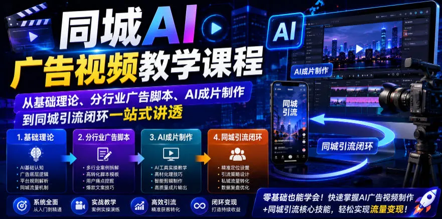 同城AI广告视频教学课程，从基础理论、分行业广告脚本、AI成片制作到同城引流闭环一站式讲透-706资源网