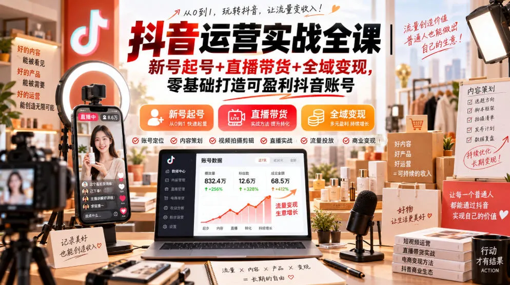 抖音运营实战全课|新号起号+直播带货+全域变现,零基础打造可盈利抖音账号-706资源网