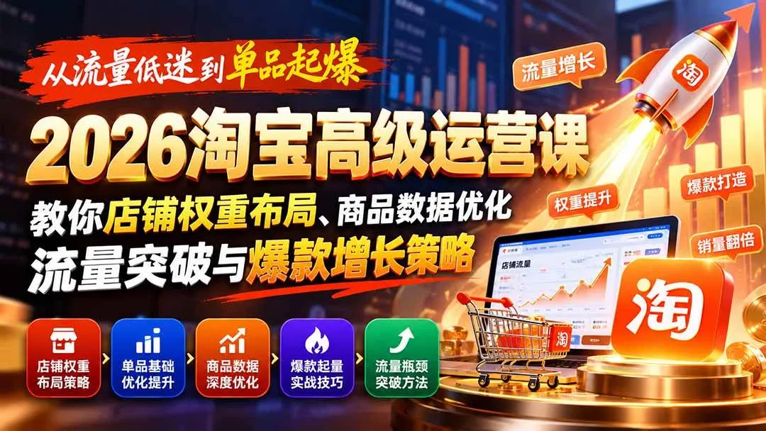 (20952期)从流量低迷到单品起爆:2026淘宝高级运营课教你店铺权重布局、商品数据优化、流量突破与爆款增长策略-706资源网