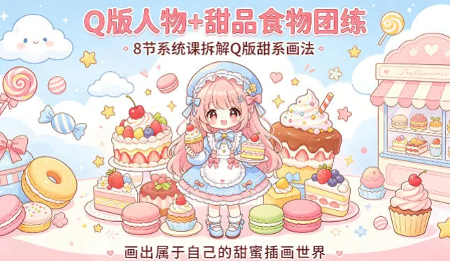 Q版人物+甜品食物团练，8节系统课拆解Q版甜系画法，画出属于自己的甜蜜插画世界-706资源网