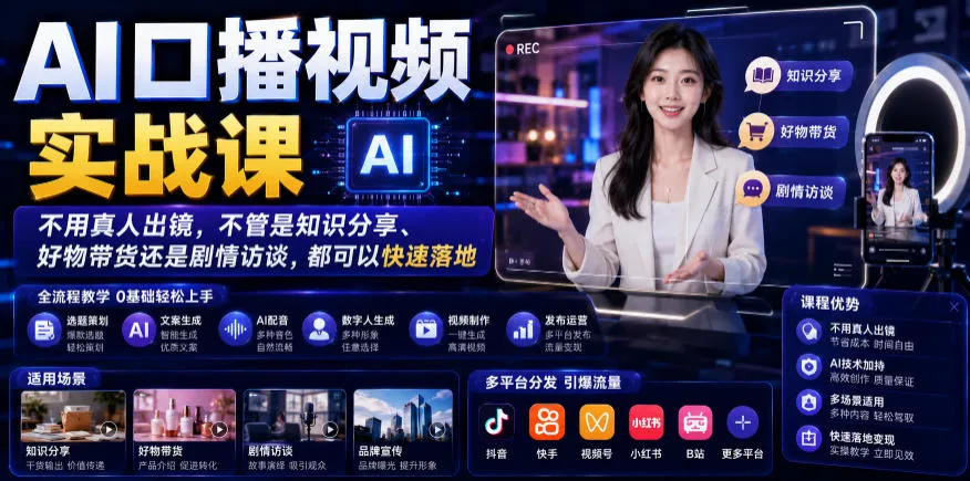 AI口播视频实战课，不用真人出镜，不管是知识分享、好物带货还是剧情访谈，都可以快速落地-706资源网