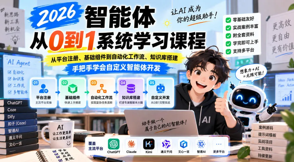2026智能体从0到1系统学习课程，从平台注册、基础组件到自动化工作流、知识库搭建，手把手学会自定义智能体开发-706资源网