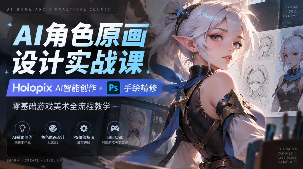 AI角色原画设计实战课｜Holopix AI智能创作+PS手绘精修，零基础游戏美术全流程教学-706资源网
