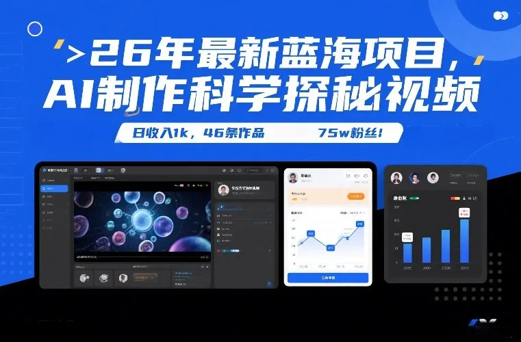 26年最新蓝海项目，AI制作科学探秘视频，变现方式强到离谱，日收入1k，46条作品75w粉丝-706资源网