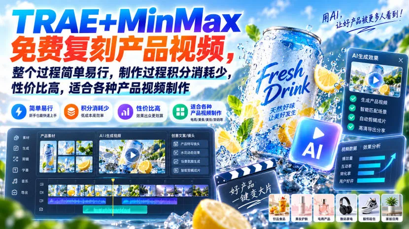 TRAE+MinMax免费复刻产品视频，整个过程简单易行，制作过程积分消耗少，性价比高，适合各种产品视频制作-706资源网