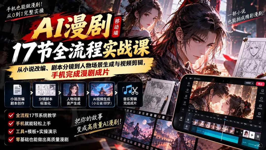 (20624期)AI漫剧移动端17节全流程实战课:从小说改编、剧本分镜到人物场景生成与视频剪辑,手机完成漫剧成片-706资源网