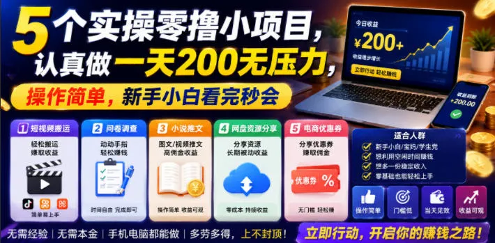 5个实操零撸小项目，认真做一天200无压力，操作简单，新手小白看完秒会【揭秘】-706资源网
