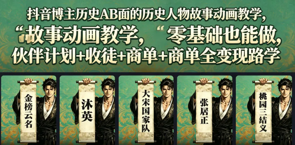 抖音博主历史AB面的历史人物故事动画教学，零基础也能做，伙伴计划+收徒+商单全变现路径教学-706资源网