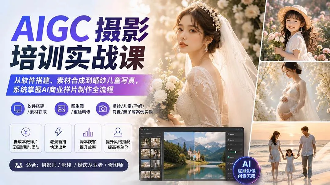 （20161期）AIGC摄影培训实战课：从软件搭建、素材合成到婚纱儿童写真，系统掌握AI商业样片制作全流程