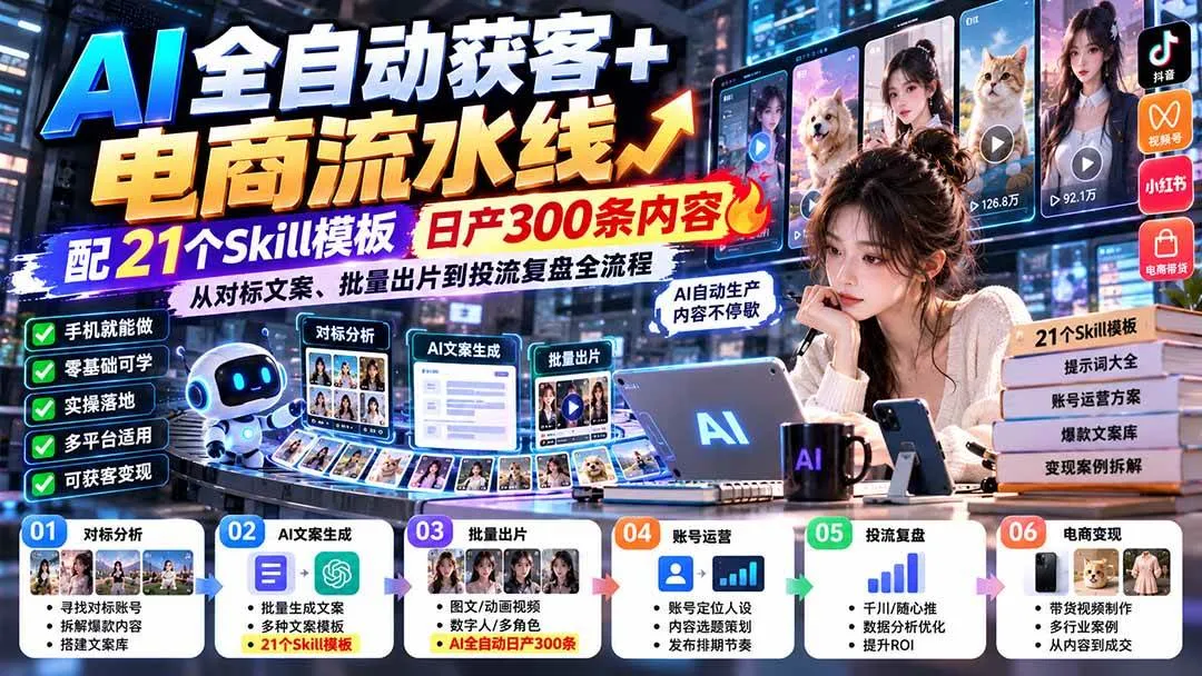 (20664期)AI全自动获客+电商流水线:配21个Skill模板,日产300条内容,从对标文案、批量出片到投流复盘全流程-706资源网