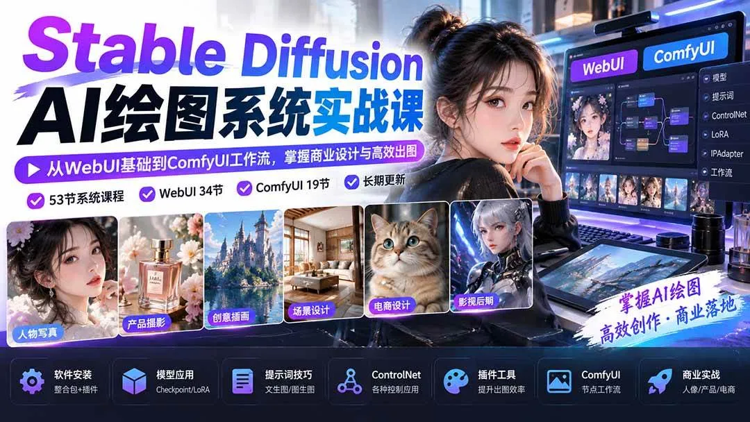 (20678期)Stable Diffusion AI绘图系统实战课:从WebUI基础到ComfyUI工作流,掌握商业设计与高效出图-706资源网