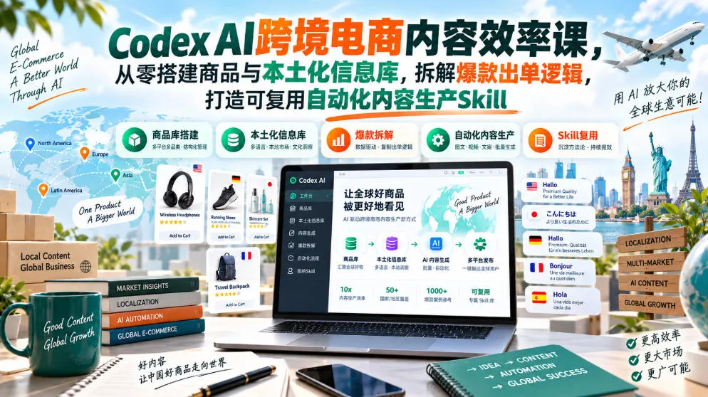 Codex AI跨境电商内容效率课,从零搭建商品与本土化信息库,拆解爆款出单逻辑,打造可复用自动化内容生产Skill-706资源网