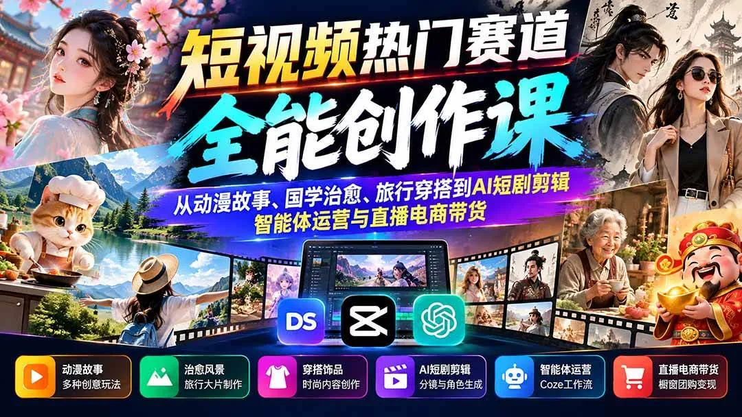 (20956期)短视频热门赛道全能创作课:从动漫故事、国学治愈、旅行穿搭到AI短剧剪辑、智能体运营与直播电商带货-706资源网