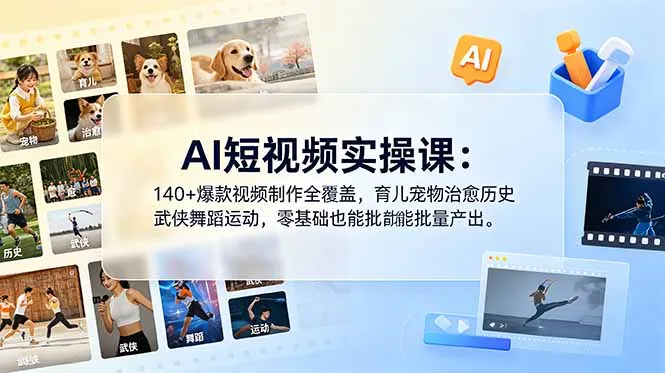 AI短视频实操课：140+爆款视频制作全覆盖，育儿宠物治愈历史武侠舞蹈运动，零基础也能批量产出-706资源网