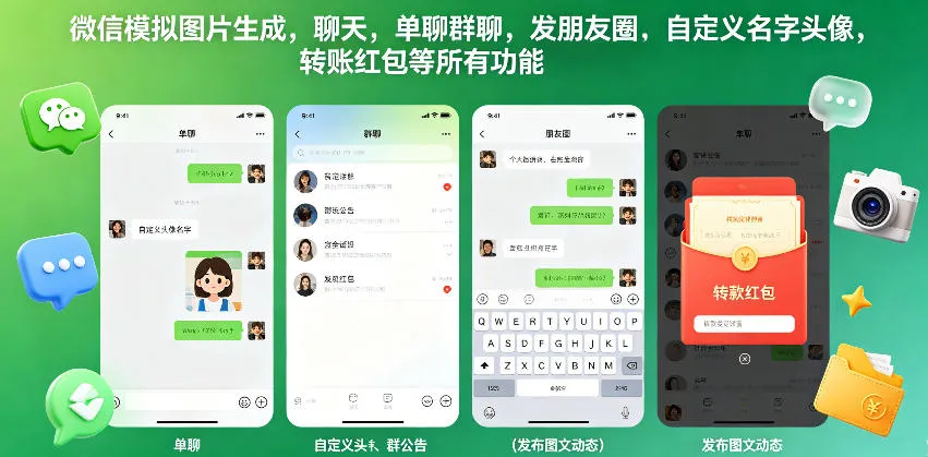 微信模拟图片生成，聊天，单聊群聊，发朋友圈，自定义名字头像，转账红包等所有功能都可以生成-706资源网