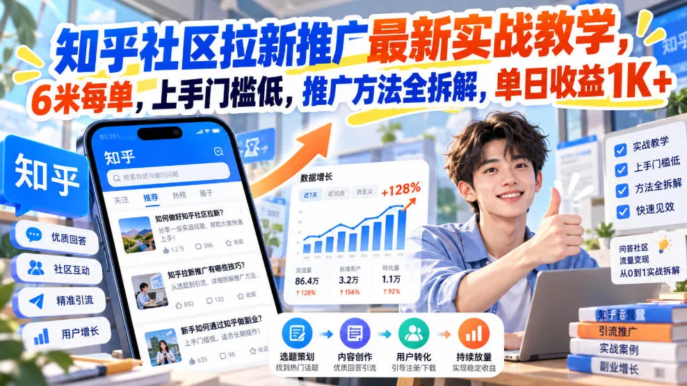 知乎社区拉新推广最新实战教学,6米每单,上手门槛低,推广方法全拆解,单日收益1K+!-706资源网
