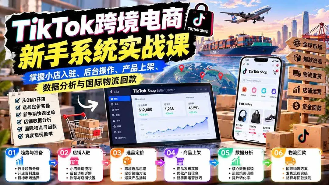 (20672期)TikTok跨境电商新手系统实战课:掌握小店入驻、后台操作、产品上架、数据分析与国际物流回款-706资源网