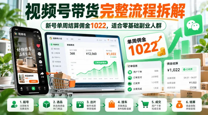 视频号带货完整流程拆解,新号单周结算佣金1022,适合零基础副业人群-706资源网